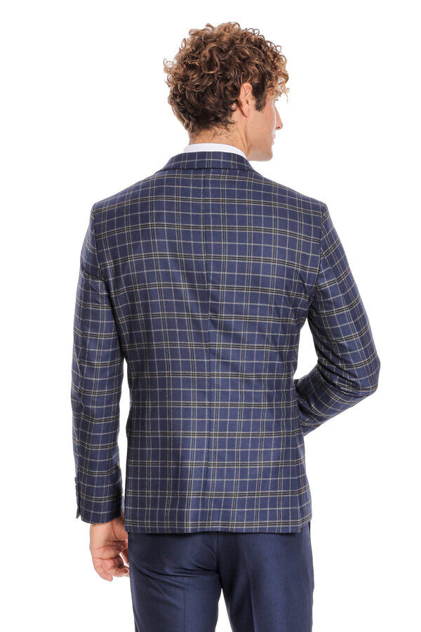 WSS Blue Vested Slim Fit Checked Navy Blue Men Suit  - Hesperia