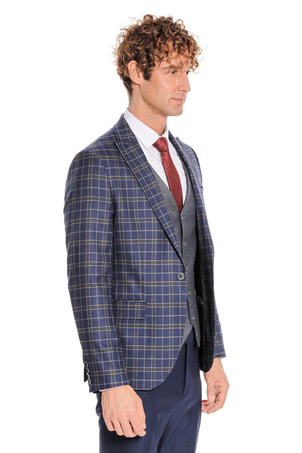 WSS Blue Vested Slim Fit Checked Navy Blue Men Suit  - Hesperia
