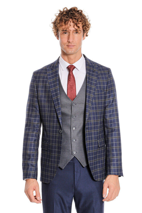 WSS Blue Vested Slim Fit Checked Navy Blue Men Suit  - Hesperia