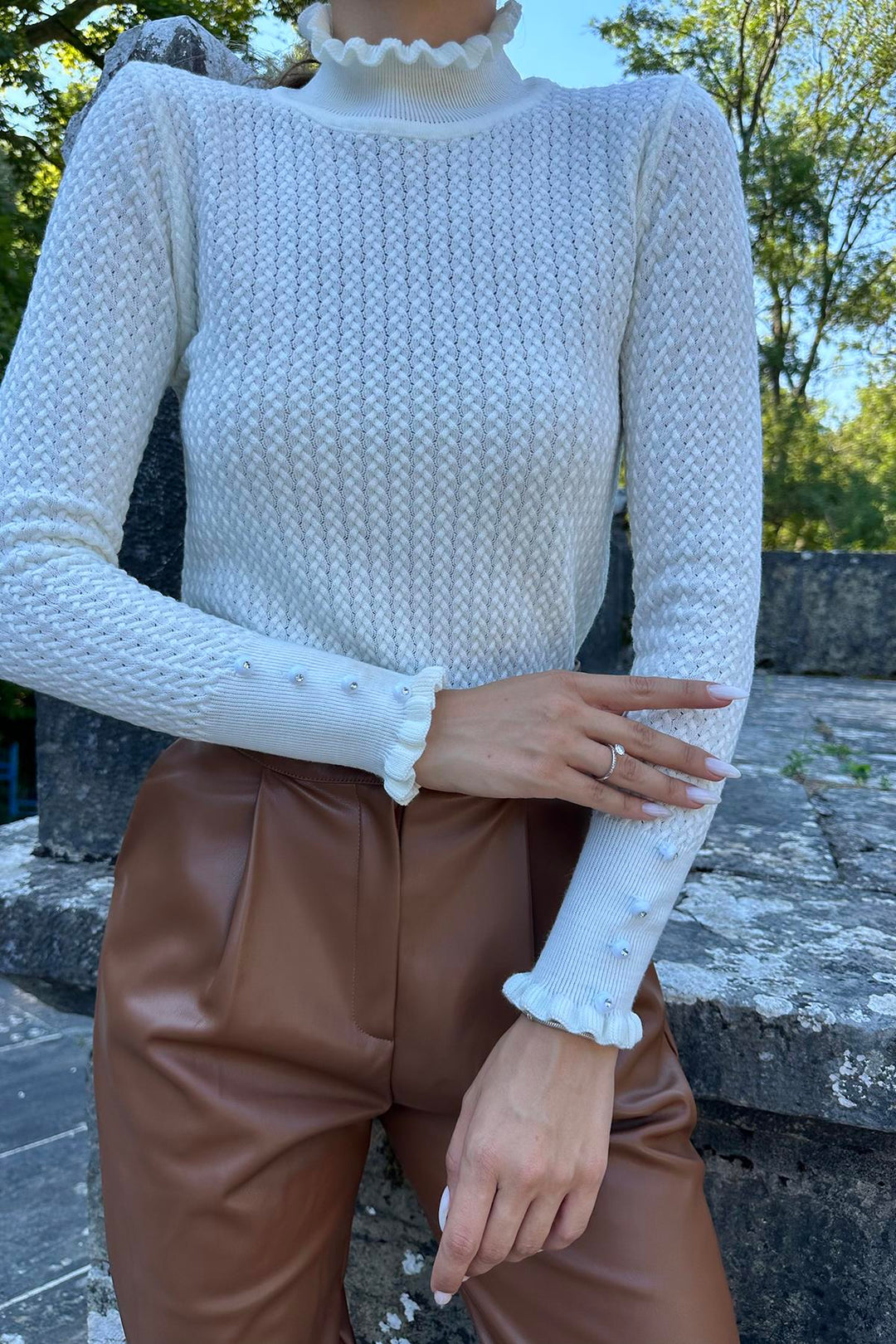 ELS Ribbed and Cable Knit Sweater - Ecru - Stains