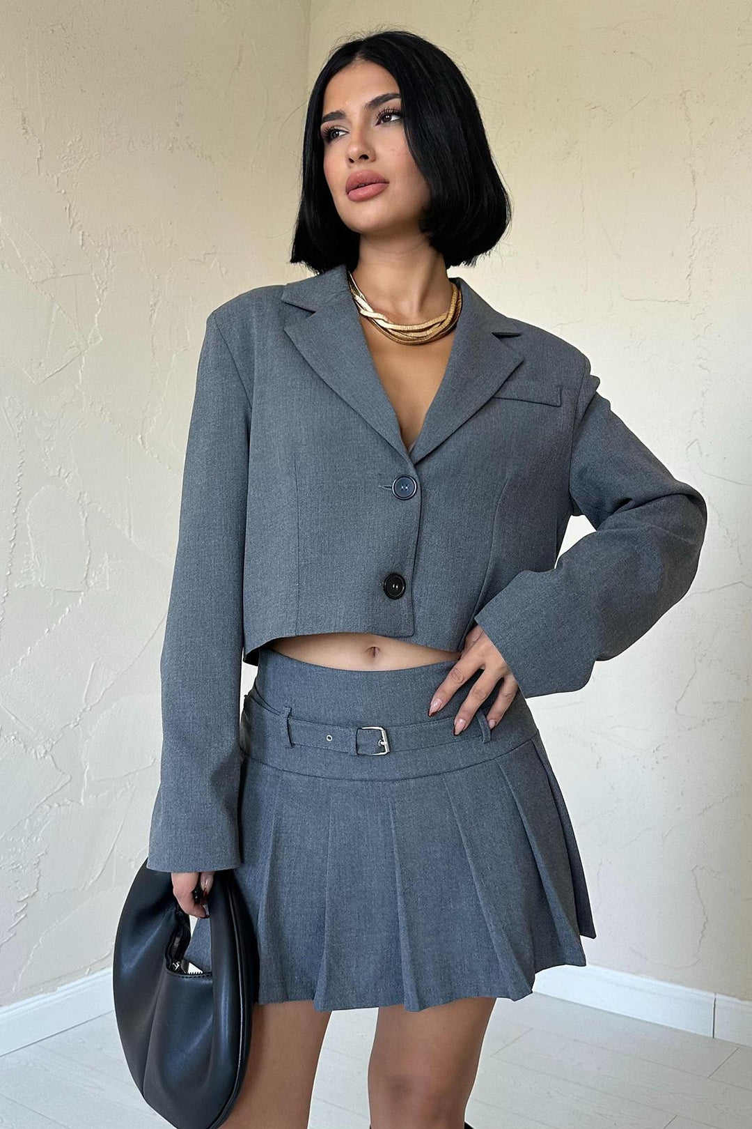 ELS Bomber Jacket and Pleated Skirt Set - Gray - Ocotlán