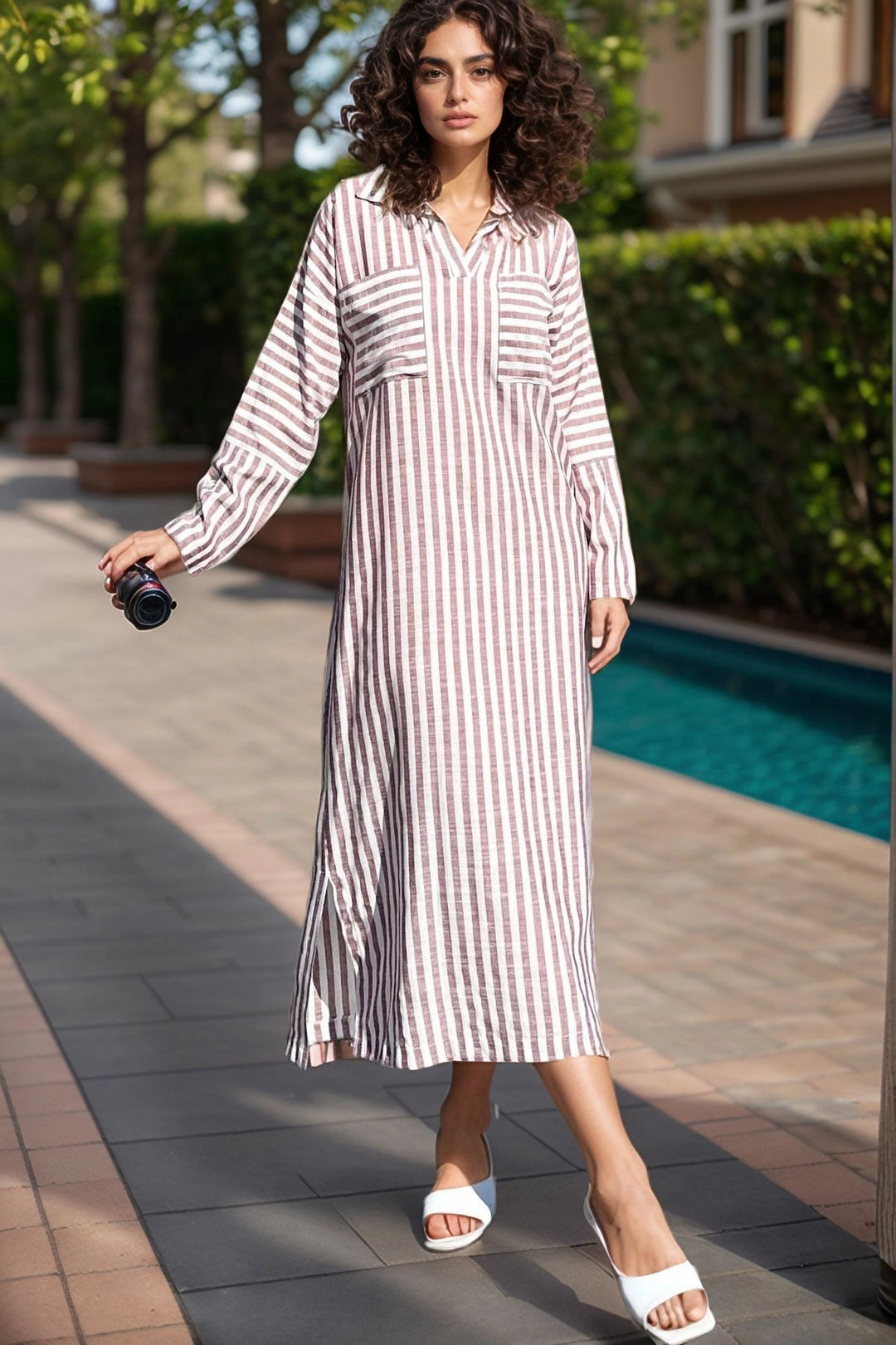 Burgundy Striped Polo Neck Dress with Pockets and Side Slit BCBSK-25700-3579 - Lake Ridge