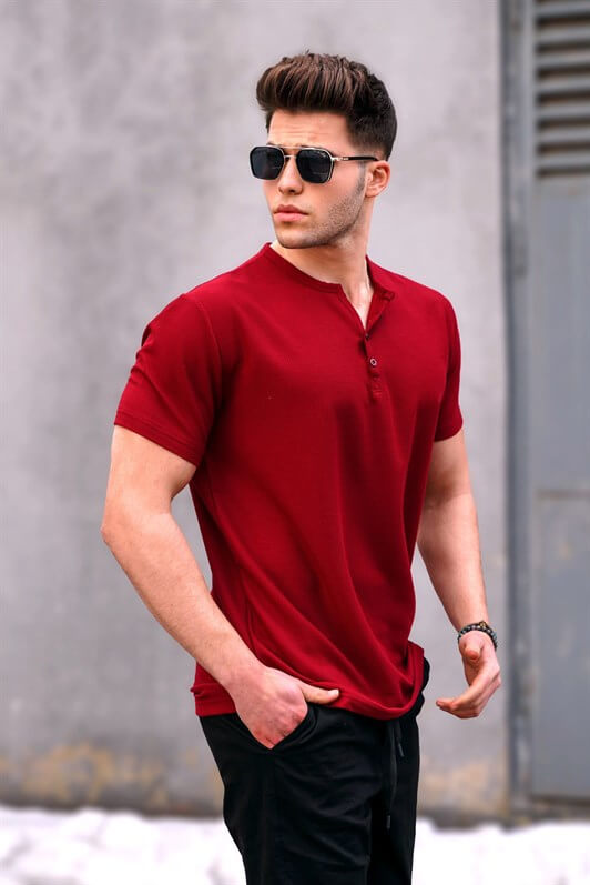 MDX Burgundy Buttoned Short Sleeve Basic Men's T-Shirt - Sorel-Tracy