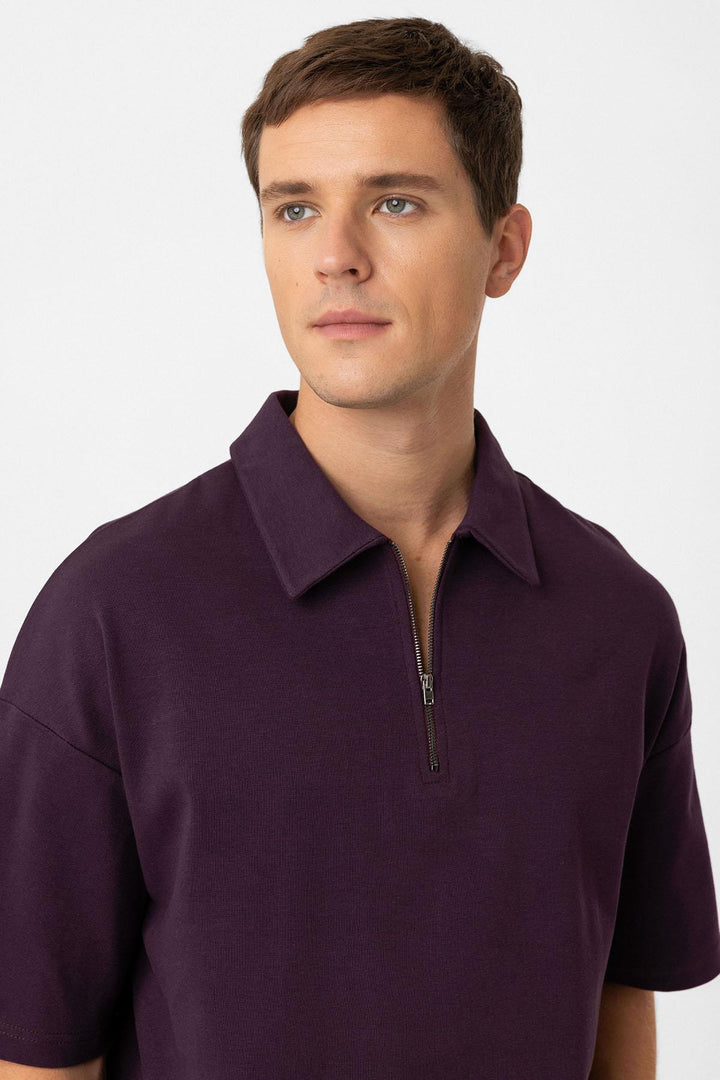 ANT Antioch Burgundy Oversized Polo Neck Zippered Men's T-Shirt - Airdrie