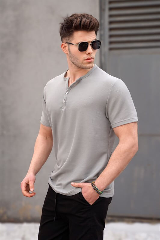 MDX Painted Gray Buttoned Short Sleeve Basic Men's T-Shirt - Aventura