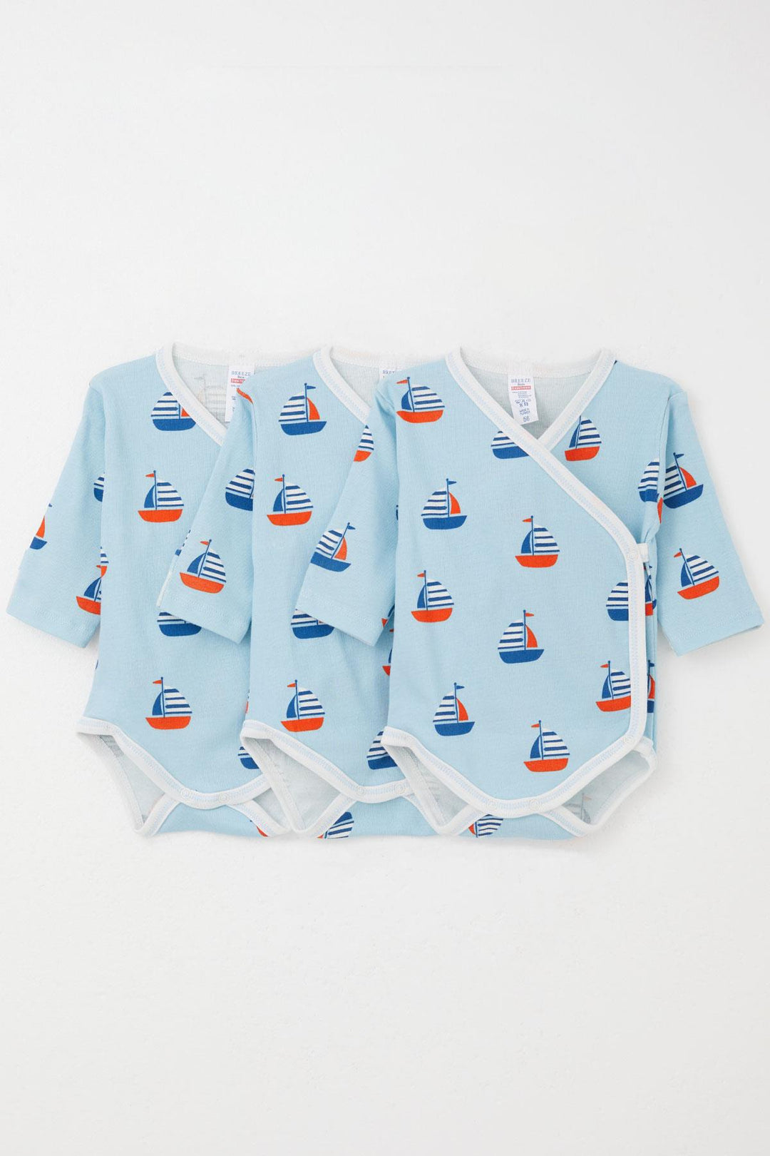 BRE Breeze Baby Boy Snap Bodysuit 3-Pack Sailboat Pattern with Built-in Mittens 0-6 Months, Light Blue - Oranienburg