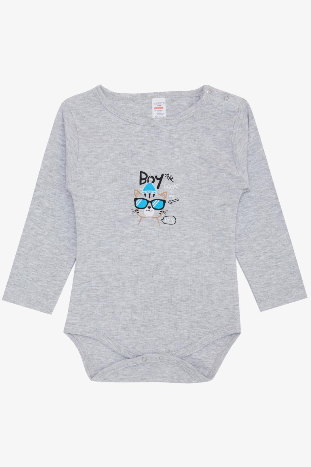BRE Breeze Baby Boy Snap Bodysuit with Glasses Printed Cat Design 9 Months-3 Years, Light Grey Melange - Augusta