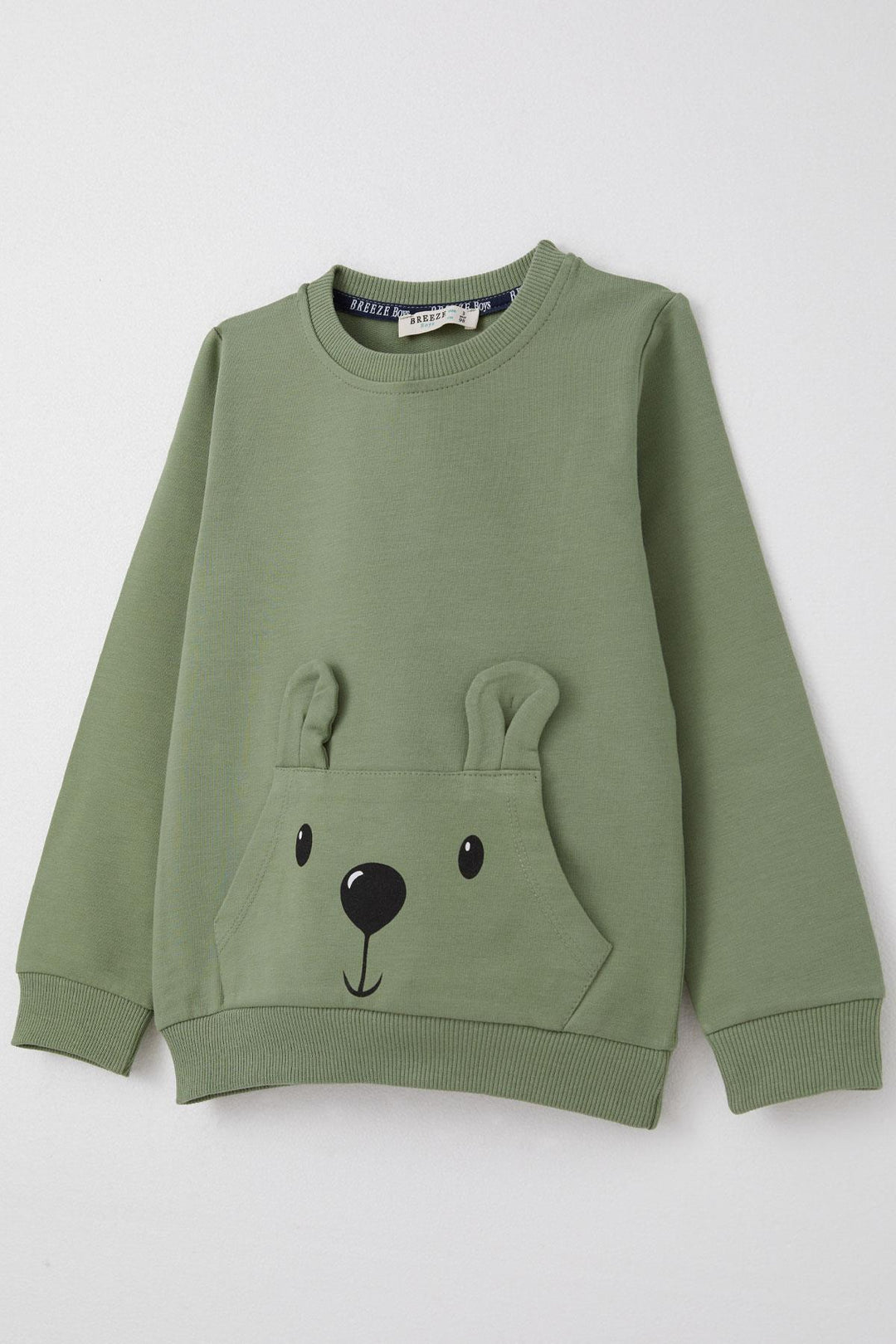 BRE Breeze Baby Boy Tracksuit Cute Bear Patterned Kangaroo Pocket 9 Months-3 Years, Khaki Green - Durango