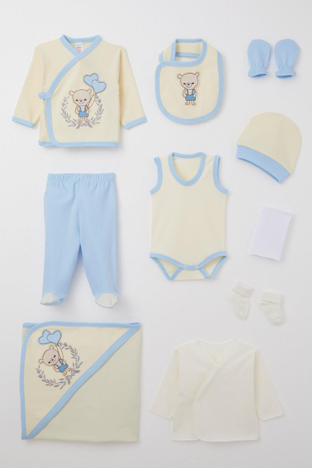 BRE Breeze Baby Boy Hospital Outfit 10-Piece Cute Bear Embroidered Heart Balloon 0-3 Months, Cream - Tuxpan