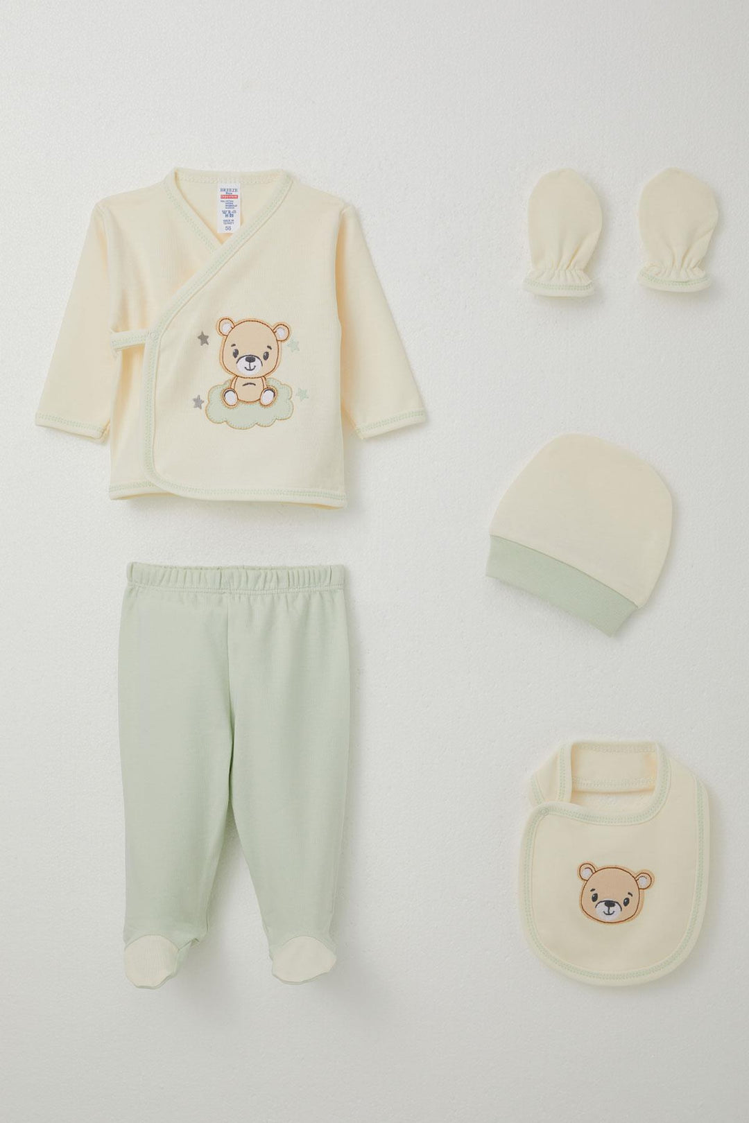 BRE Breeze Baby Boy Hospital Outfit 5-Piece with Cute Bear Embroidery 0-3 Months, Cream - Flensburg