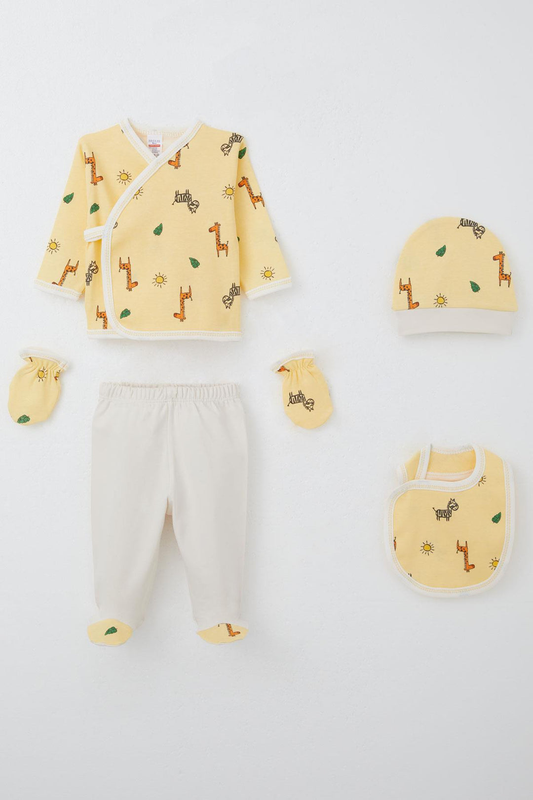 BRE Breeze Baby Boy Hospital Outfit 5-Piece Mini Safari Themed Animal Patterned, 0-3 Months, Yellow - Ourense