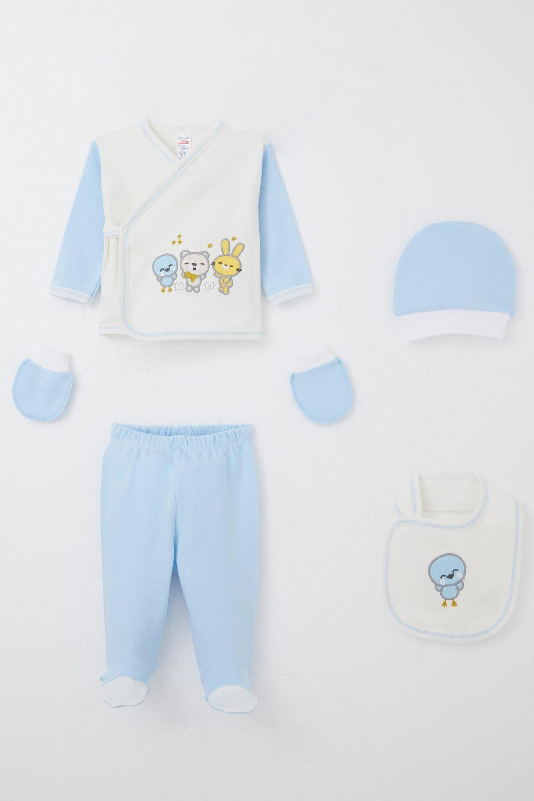 BRE Breeze Baby Boy Hospital Outfit 5 Piece Cute Animals Embroidered 0-3 Months, Ecru - Reus