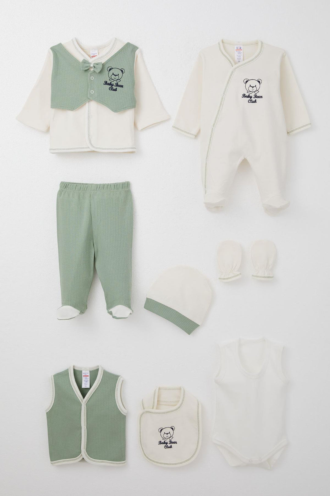 BRE Breeze Baby Boy Hospital Outfit 8 Piece Fixed Bow Tie Vest 0-3 Months, Ecru - Lodi