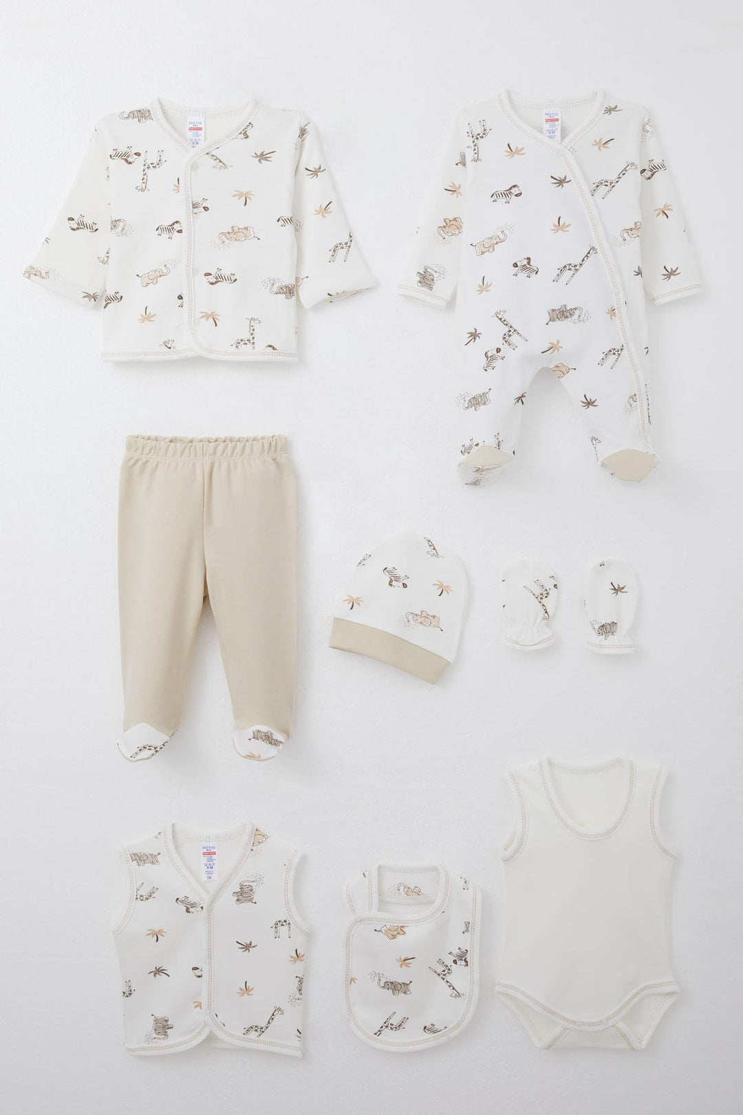 BRE Breeze Baby Boy Hospital Outfit 8 Pieces Palm Tree Patterned Cute Animals 0-3 Months, Ecru - Catonsville