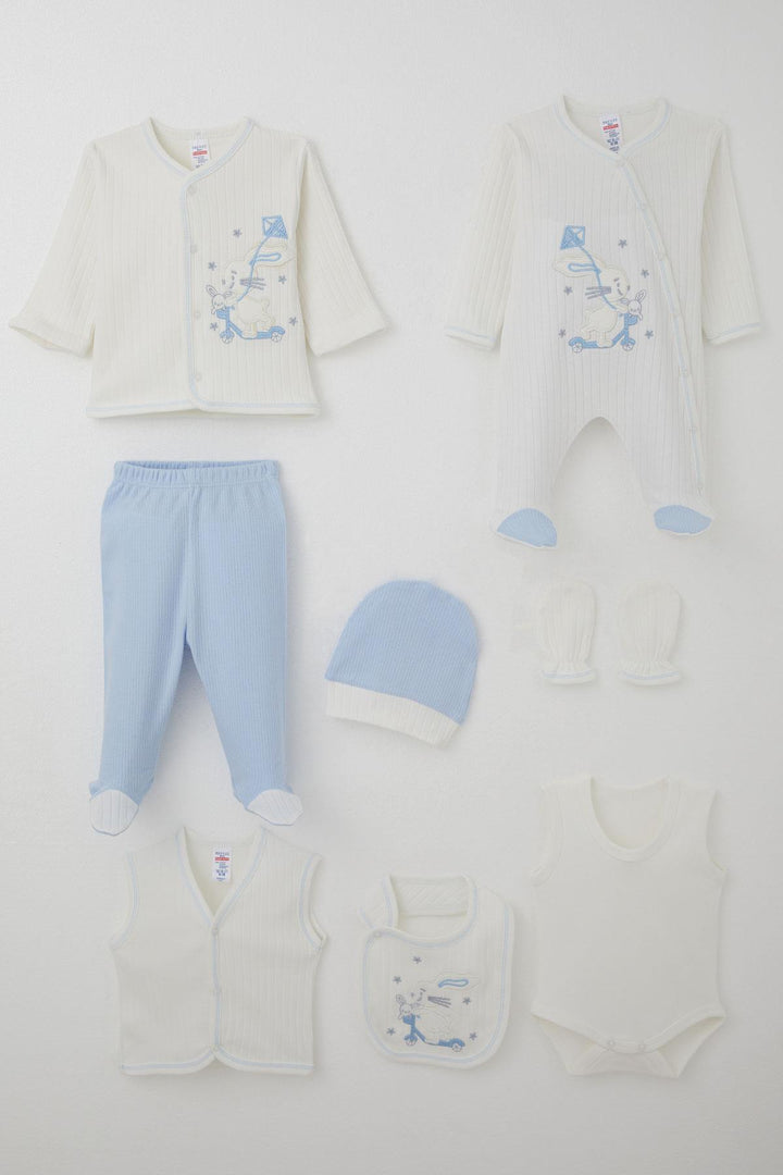 BRE Breeze Baby Boy Hospital Outfit 8 Piece Scooter King Kite Flying Bunny Embroidered 0-3 Months, White - Kozáni
