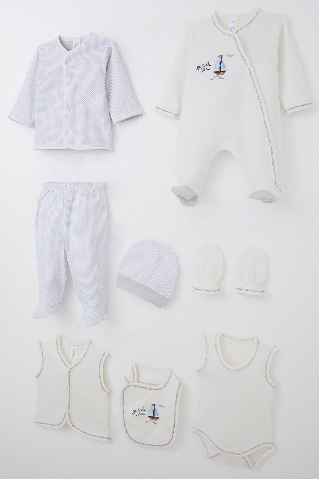 BRE Breeze Baby Boy Hospital Outfit 8 Piece Sailboat Cross-Stitch Embroidered 0-3 Months, Ecru - Thornton Heath