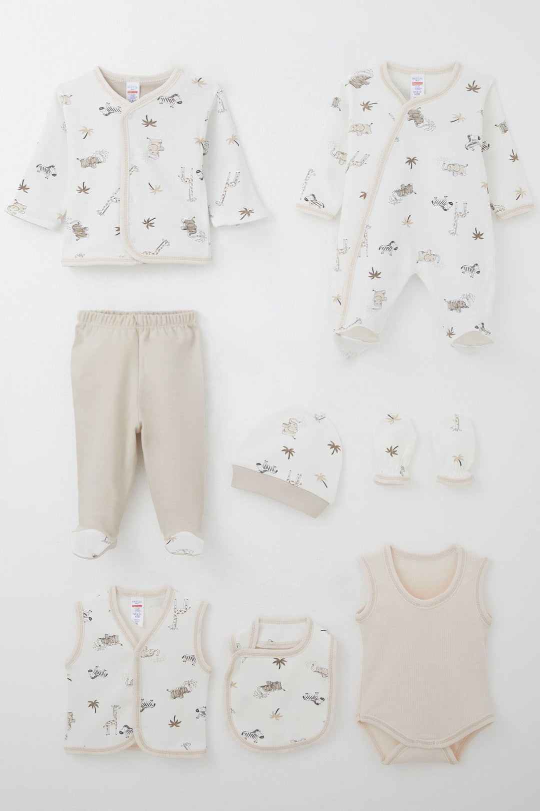 BRE Breeze Baby Boy Hospital Outfit 8 Pieces Palm Tree Patterned Cute Animals Design 0-3 Months, Ecru - Palm Coast