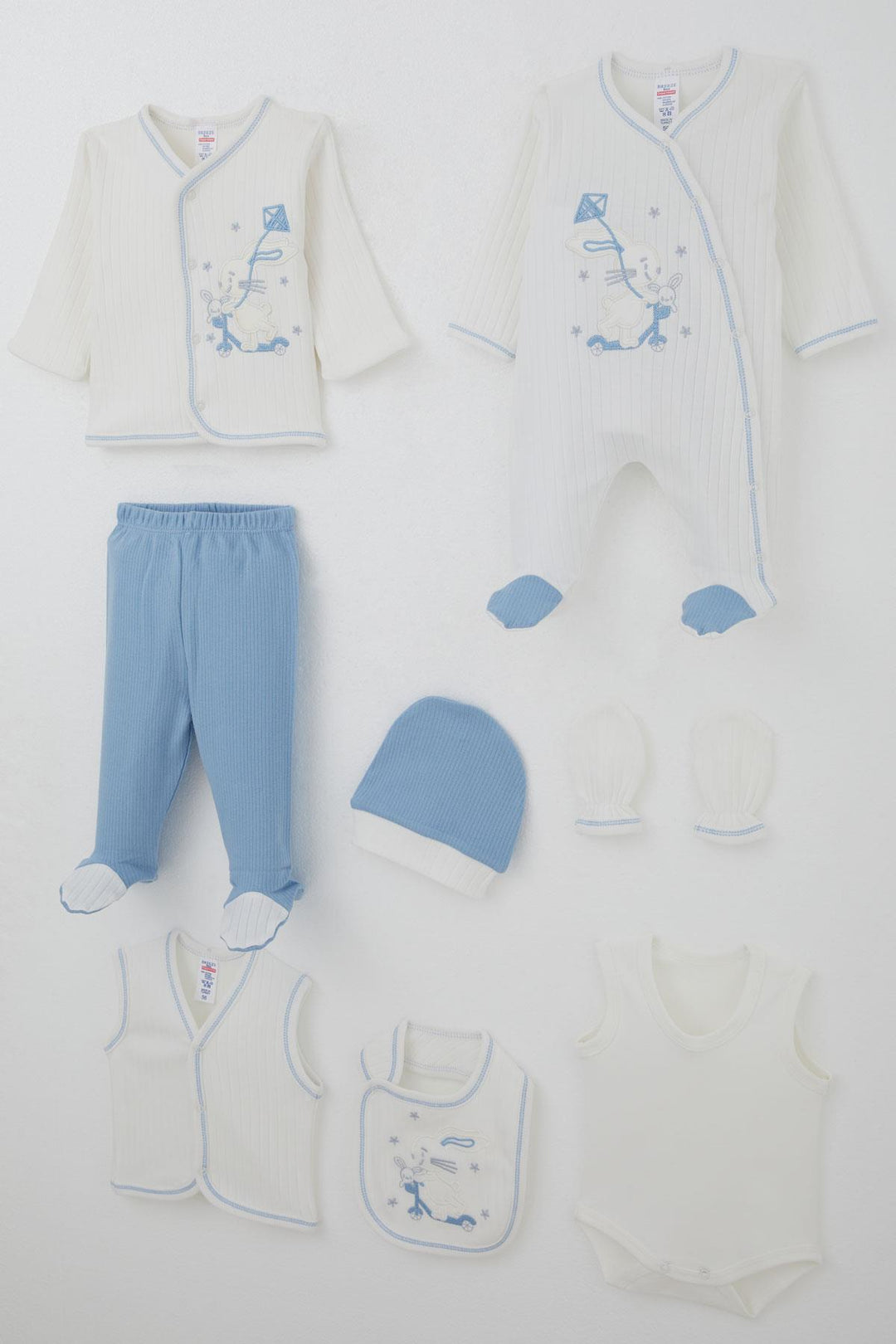 BRE Breeze Baby Boy Hospital Outfit 8 Piece Scooter King Kite Flying Bunny Embroidered 0-3 Months, White - Poway