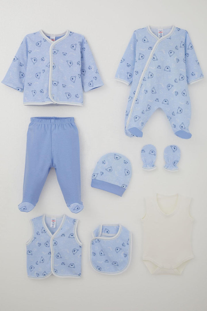 BRE Breeze Baby Boy Hospital Outfit 8-Piece with Cute Bear Figure Star Patterned 0-3 Months, Blue - Perth