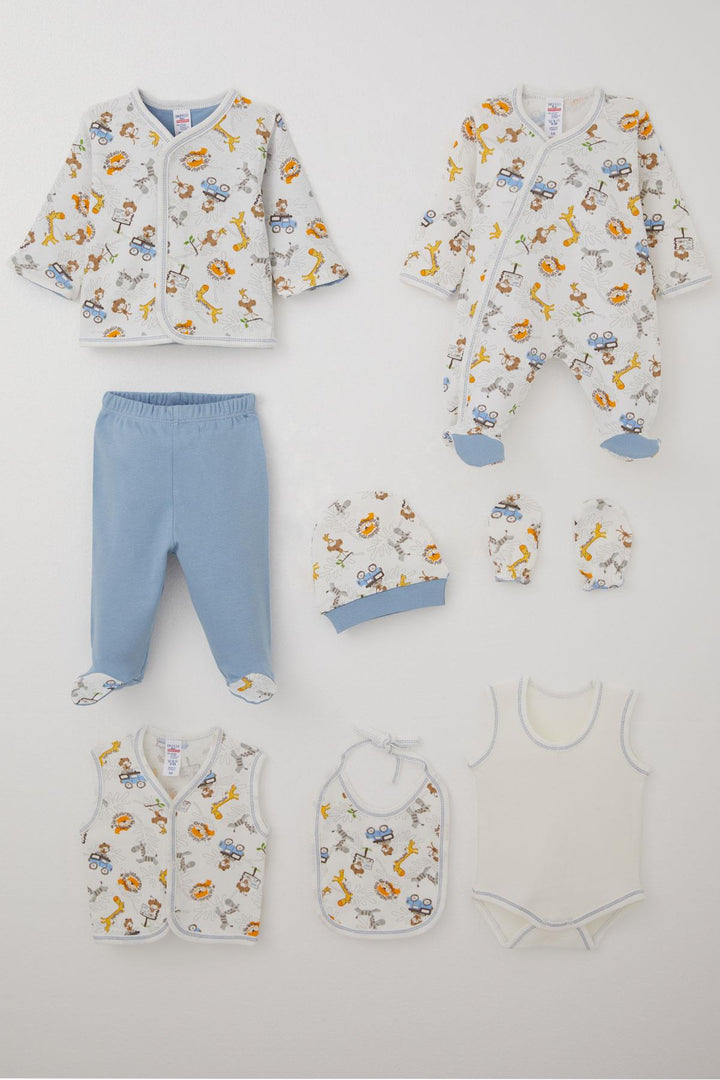 BRE Breeze Baby Boy Hospital Outfit 8 Piece Safari Adventure Cute Animals Patterned 0-3 Months, Ecru - San Diego