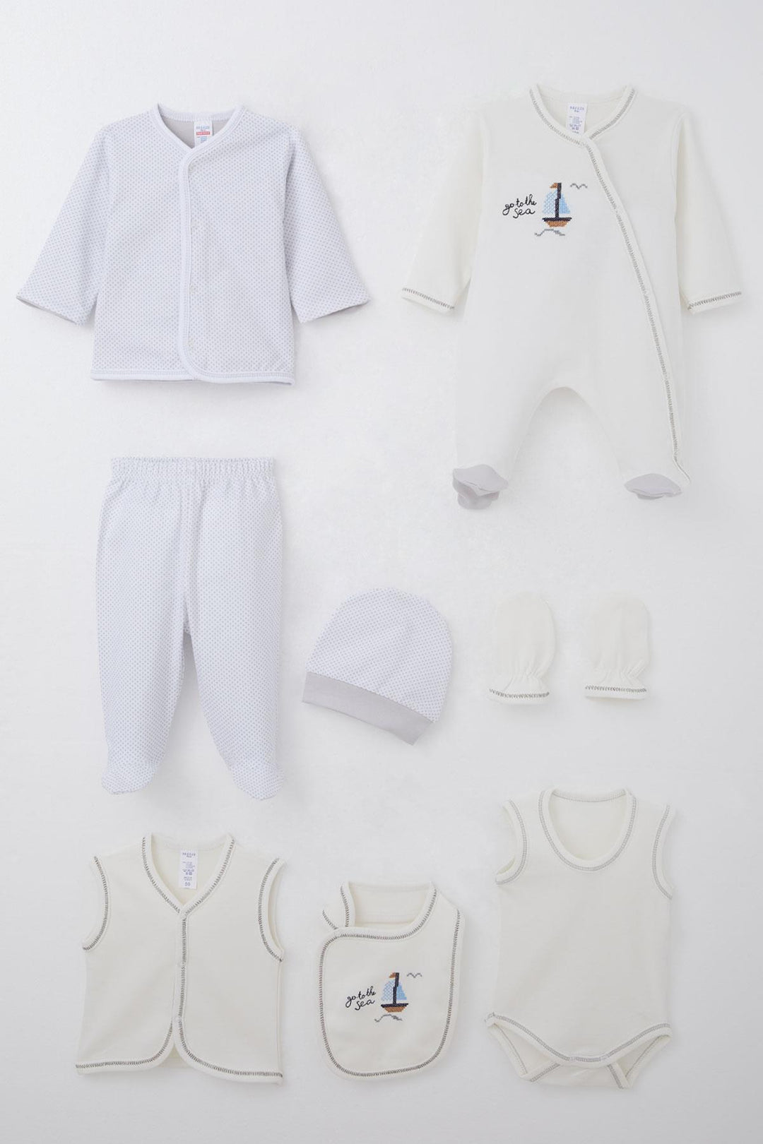 BRE Breeze Baby Boy Hospital Outfit 8 Piece Sailboat Cross-Stitch Embroidered 0-3 Months, Ecru - Thornton Heath