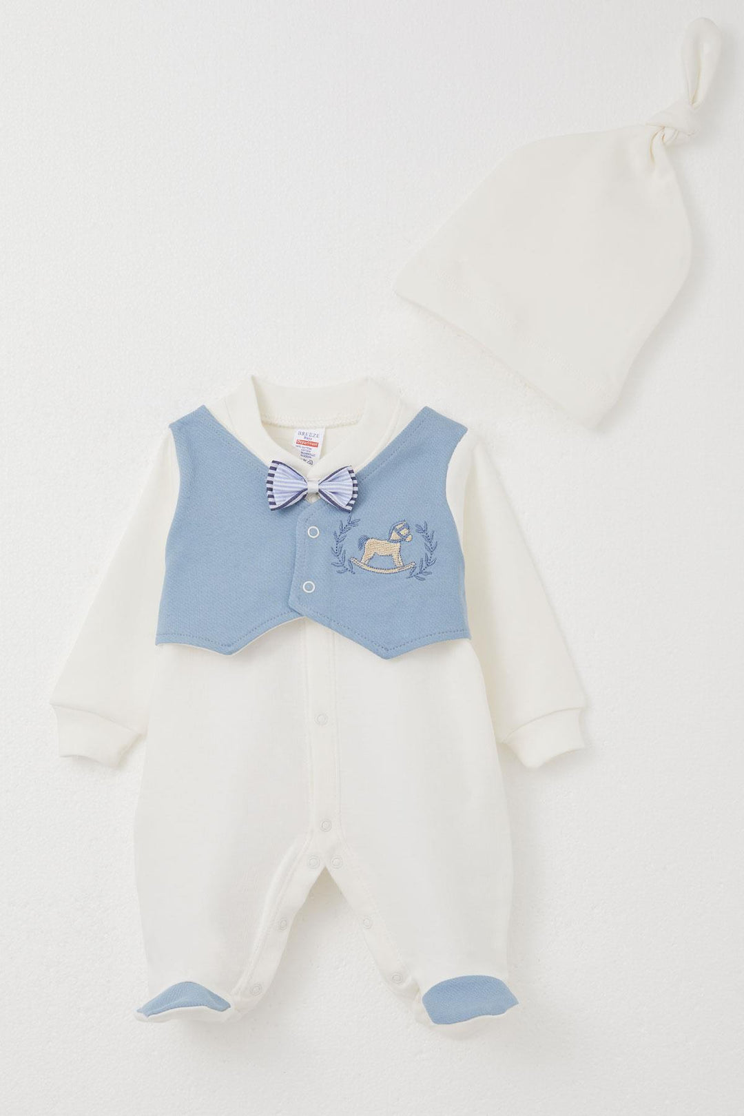 BRE Breeze Baby Boy Footed Romper with Fixed Bow Tie Vest, 0-6 Months, Ecru - Memmingen