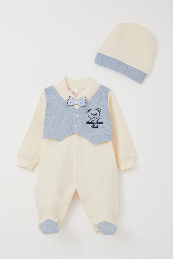 BRE Breeze Baby Boy Footed Romper with Fixed Bow Tie Vest 0-6 Months, Cream - Venray