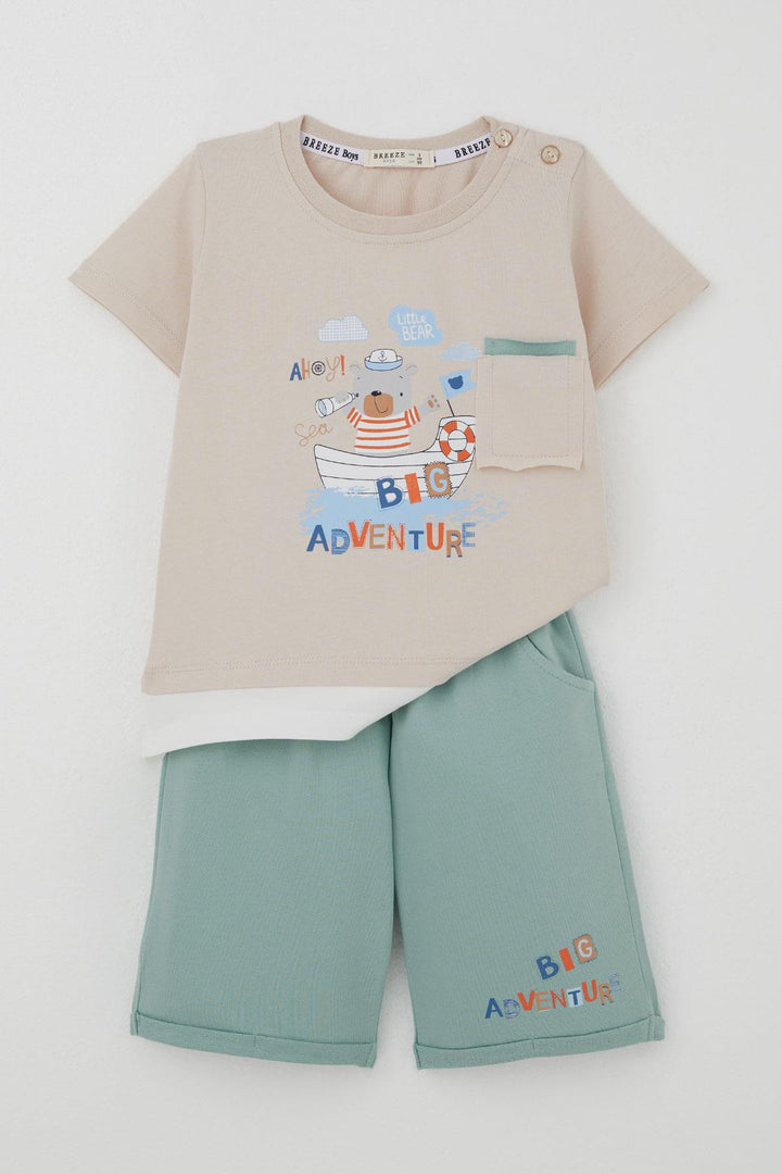 BRE Breeze Baby Boy Shorts Set Cute Captain Bear Printed Pocket Detailed 9 Months-3 Years, Beige - Greven