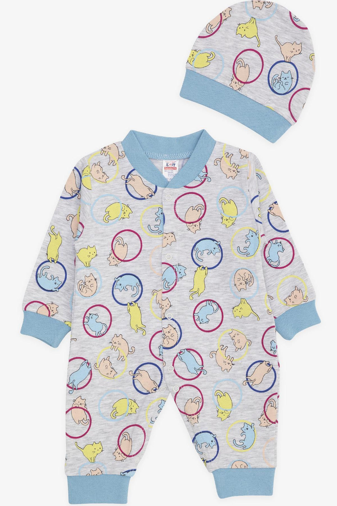 BRE Breeze Baby Boy Romper Cute Cat Patterned 0-3 Months-6 Months, Light Grey Melange - Ermezinde