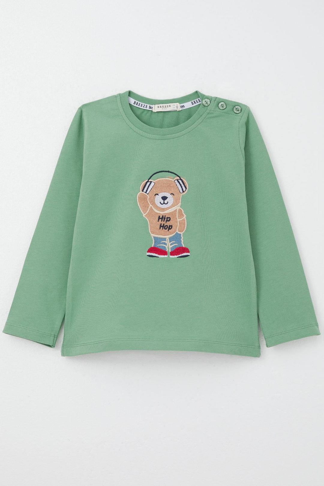 BRE Breeze Baby Boy Long Sleeve T-Shirt with Hip Hop Bear Embroidery 9 Months-3 Years, Mint Green - Namur