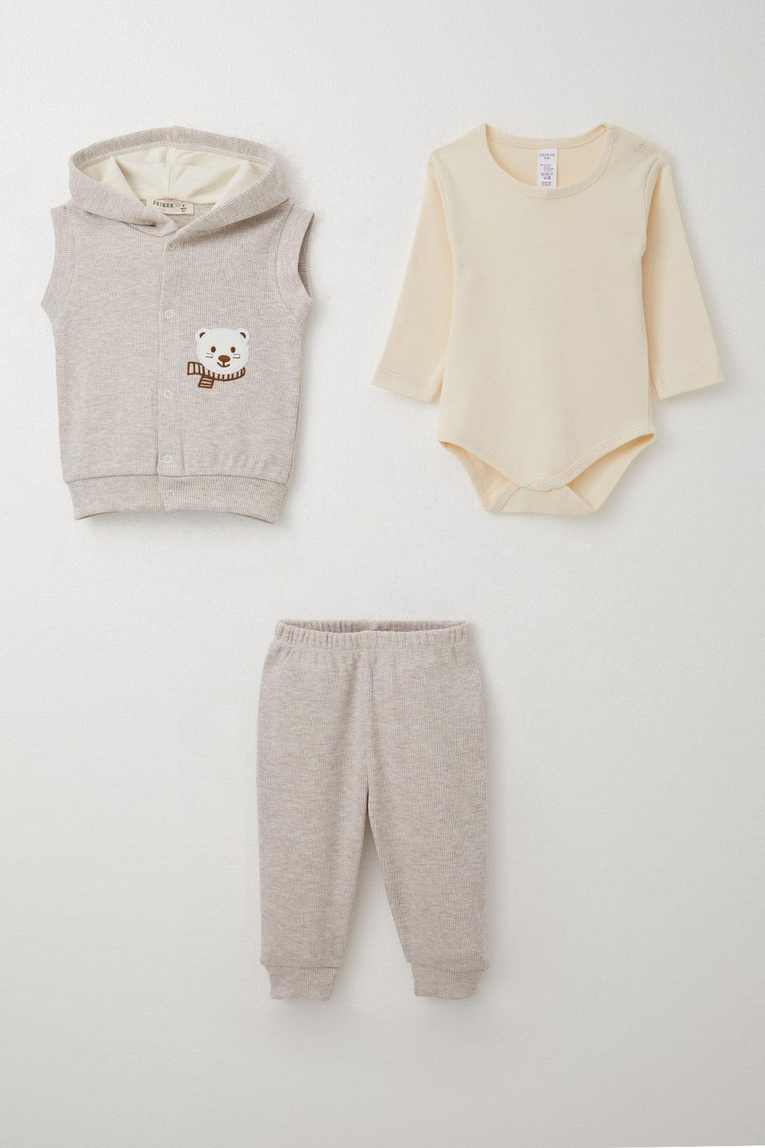 BRE Breeze Baby Boy Bodysuit 3-Piece Set Cute Bear Embroidered Hooded 4 Months Year, Beige Melange - Zacatecas