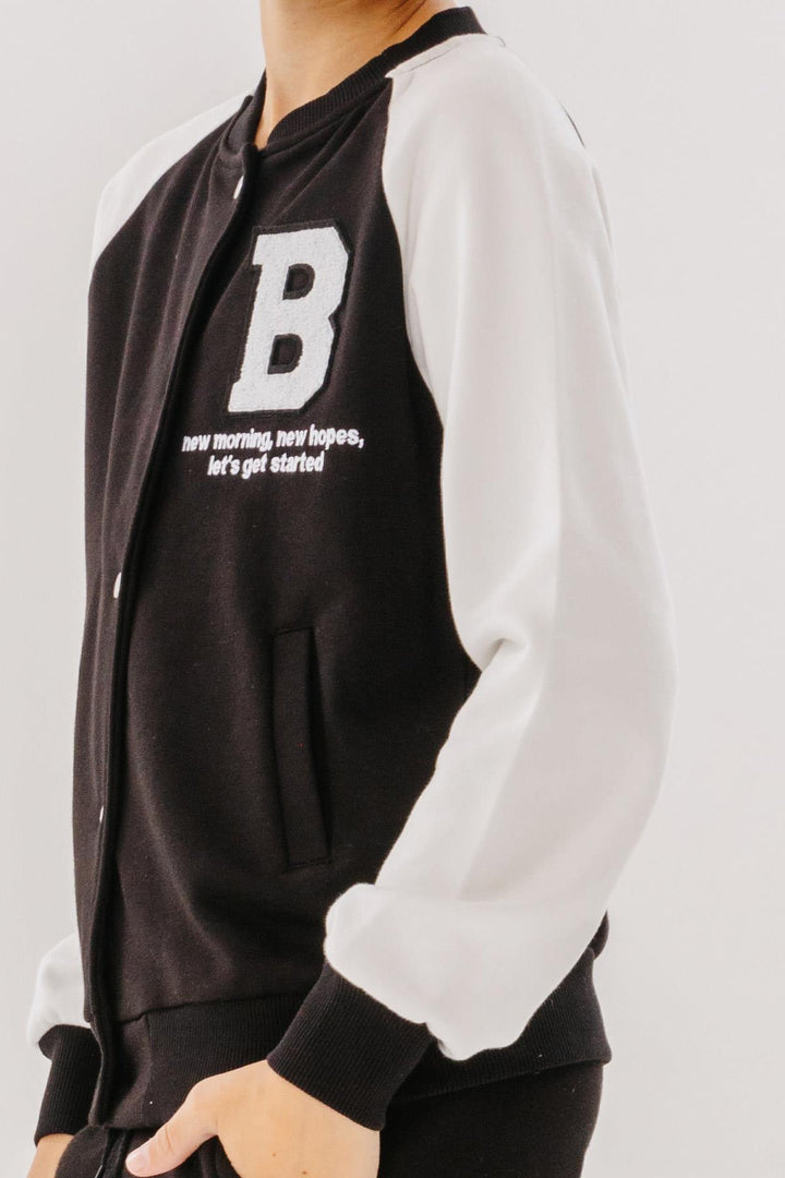 BRE Breeze Girls & Boys Boys College Jacket with Letter Embroidery Snap Fastener 84 Years, Black - Pomezia