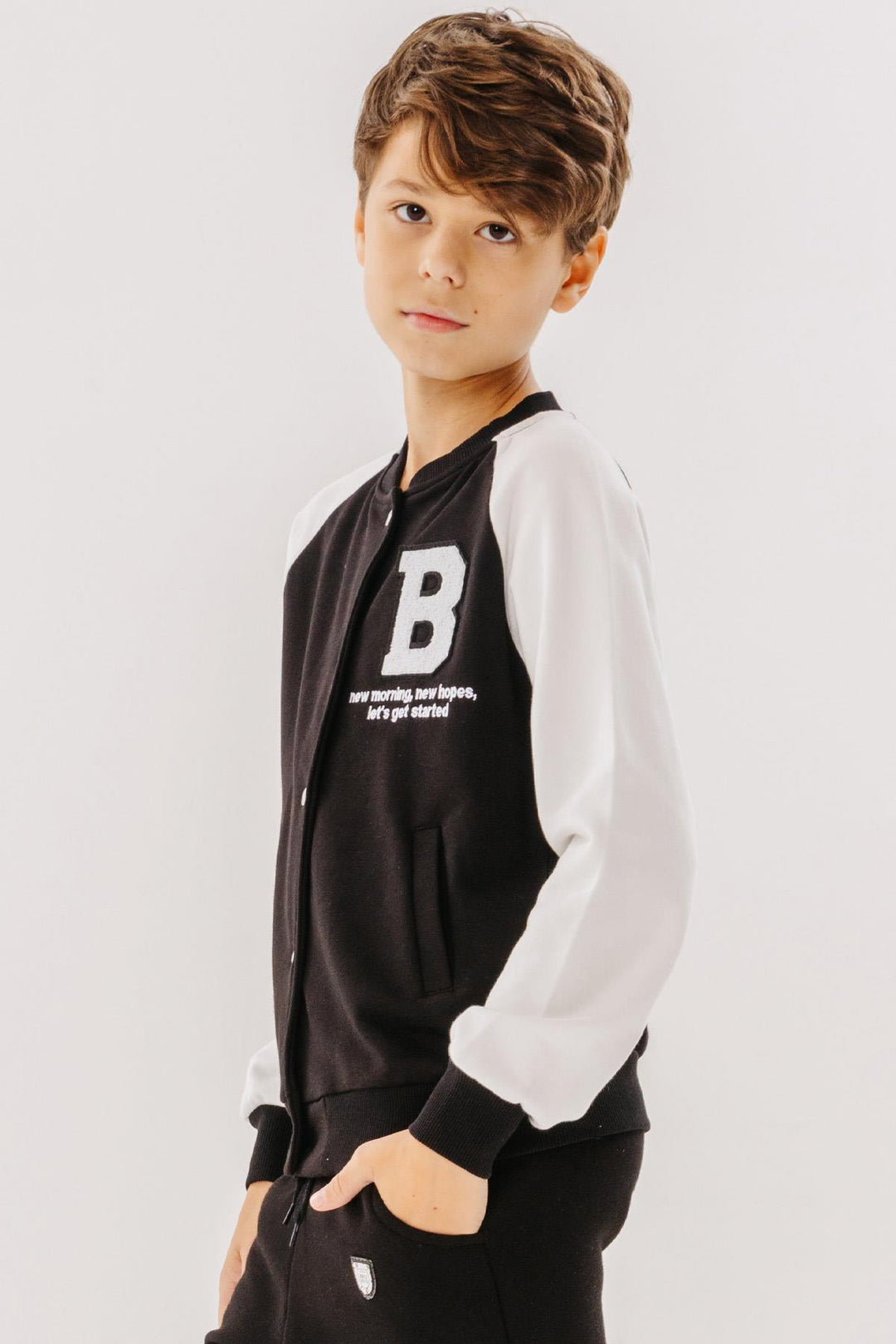 BRE Breeze Girls & Boys Boys College Jacket with Letter Embroidery Snap Fastener 84 Years, Black - Pomezia