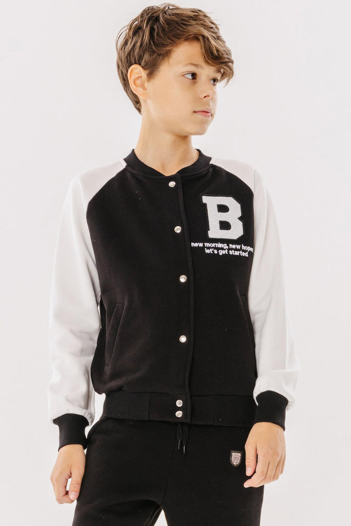 BRE Breeze Girls & Boys Boys College Jacket with Letter Embroidery Snap Fastener 84 Years, Black - Pomezia