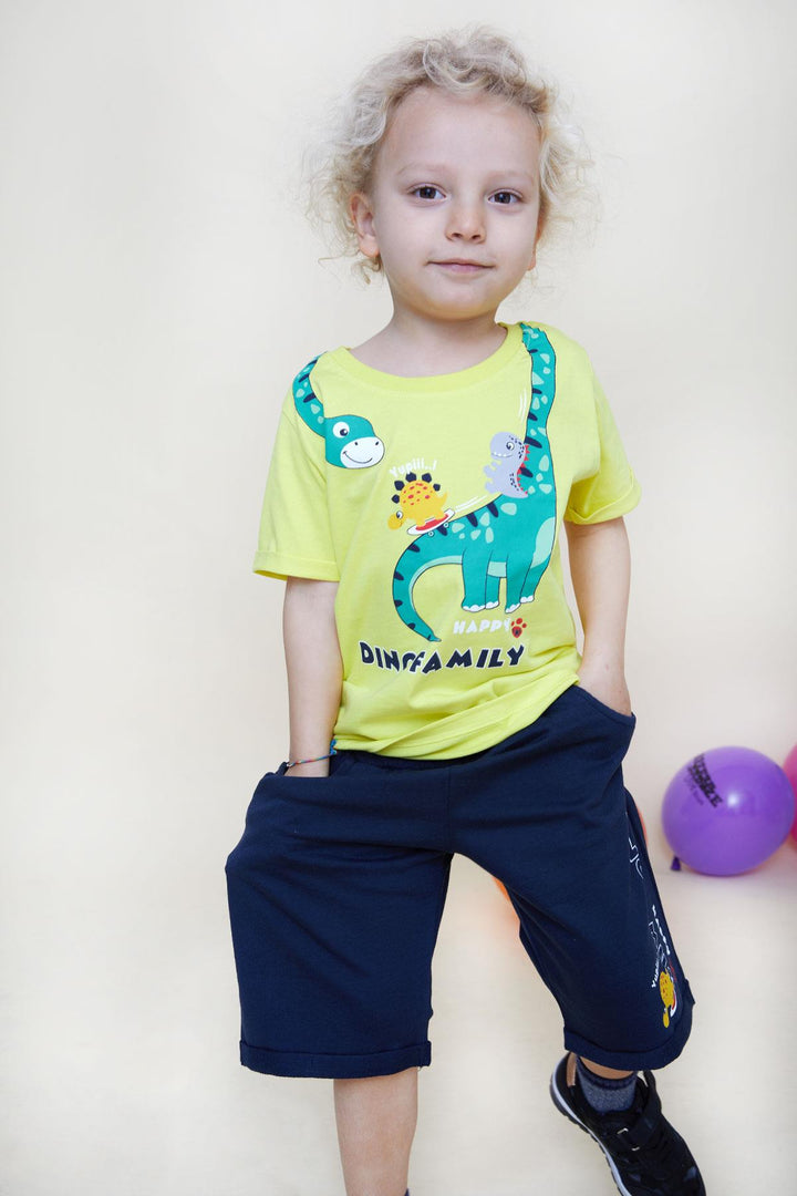 BRE Breeze Girls & Boys Boys Shorts Set Happy Dinosaur Family Printed 1-4 Years, Yellow - Cheltenham