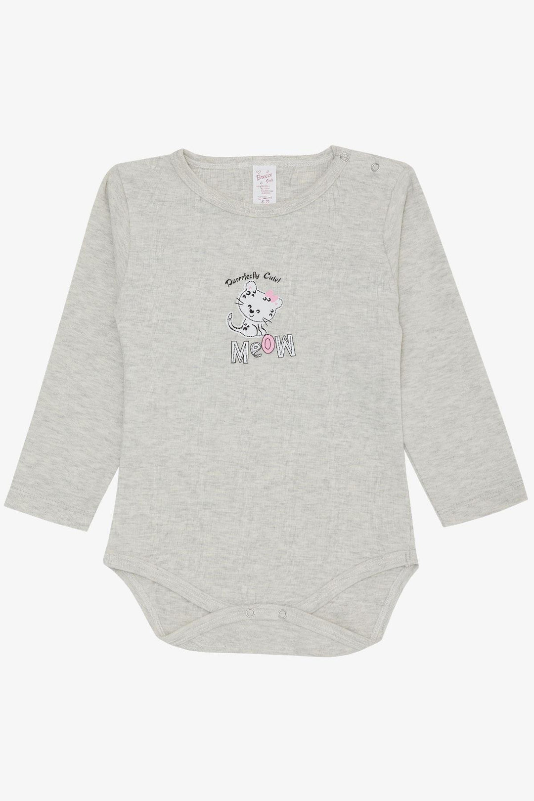 BRE Breeze Baby Girl Snap Bodysuit Cute Baby Cat Printed 9 Months-3 Years, Light Grey Melange - Satu Mare