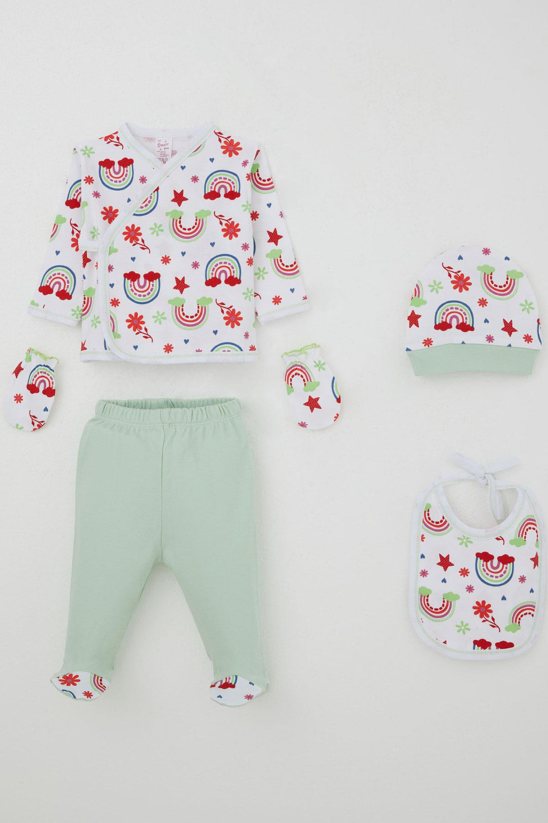 BRE Breeze Baby Girl Hospital Outfit 5 Piece Rainbow Fairy Tale Flower Patterned 0-3 Months, White - El Ejido