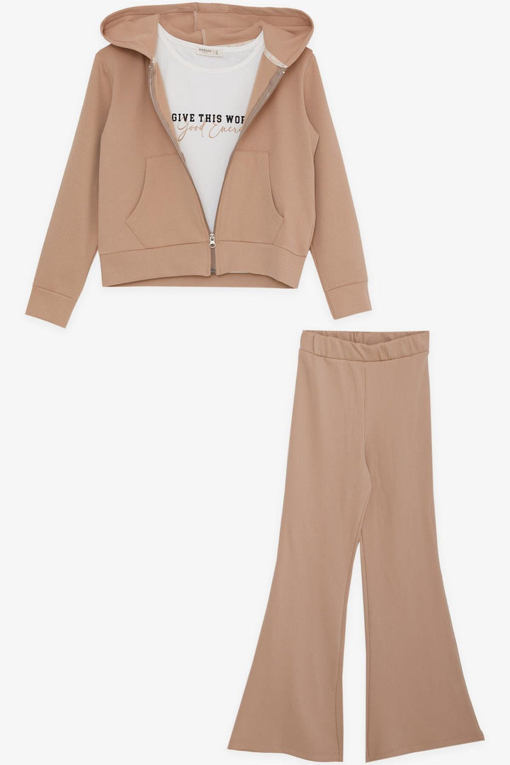 BRE Breeze Girl Child 3-Piece Legging Set with Ribbed Zipper Printed with Summer Writing 94 Years, Beige - Derby