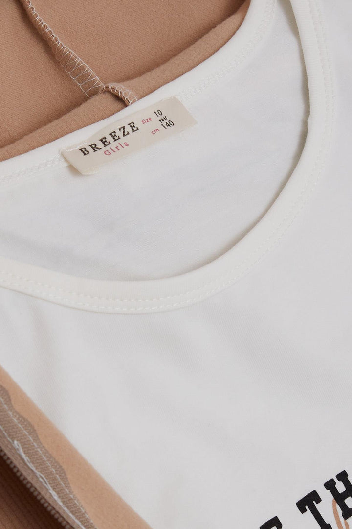 BRE Breeze Girl Child 3-Piece Legging Set with Ribbed Zipper Printed with Summer Writing 94 Years, Beige - Derby