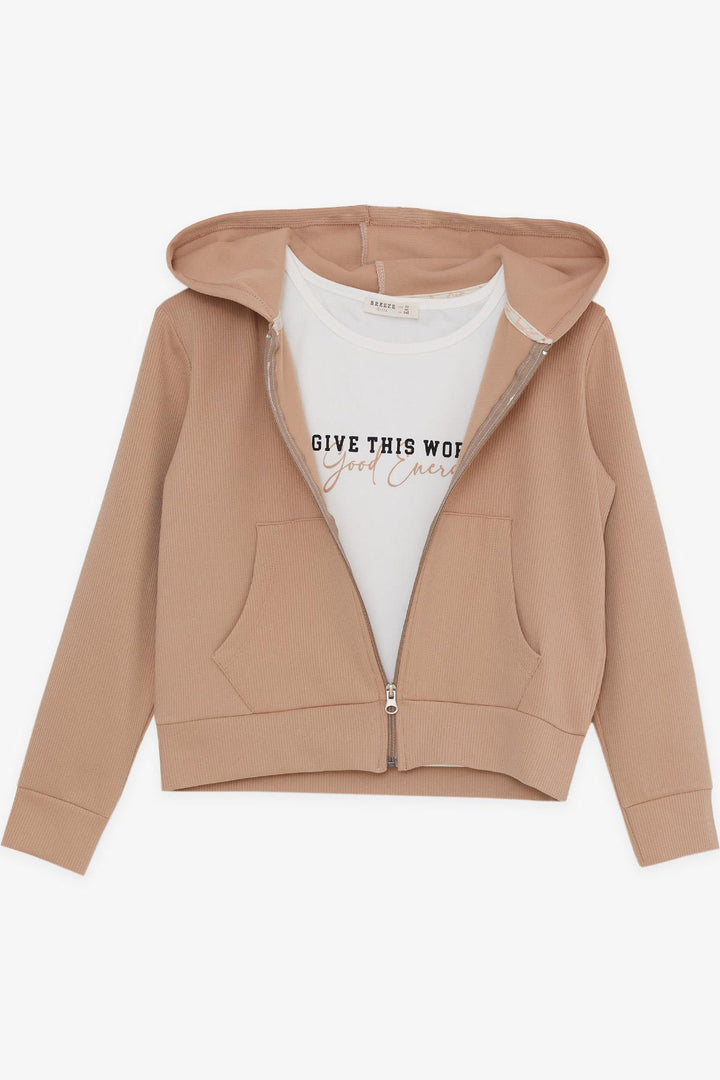 BRE Breeze Girl Child 3-Piece Legging Set with Ribbed Zipper Printed with Summer Writing 94 Years, Beige - Derby