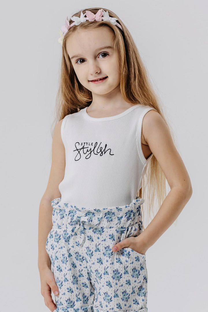 BRE Breeze Girl's Sleeveless T-Shirt with Embroidered Writing and Bow Details on the Sides, 84 Years, White - Linden