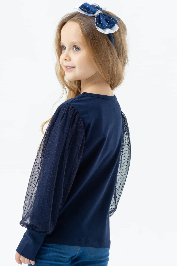 BRE Breeze Girl's Blouse with Tulle Detailed Sleeves, Navy Blue, 3-7 Years - Sammamish