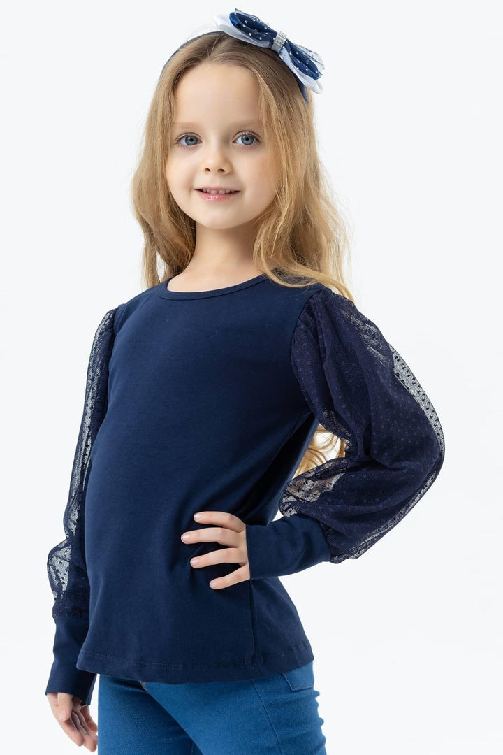 BRE Breeze Girl's Blouse with Tulle Detailed Sleeves, Navy Blue, 3-7 Years - Sammamish