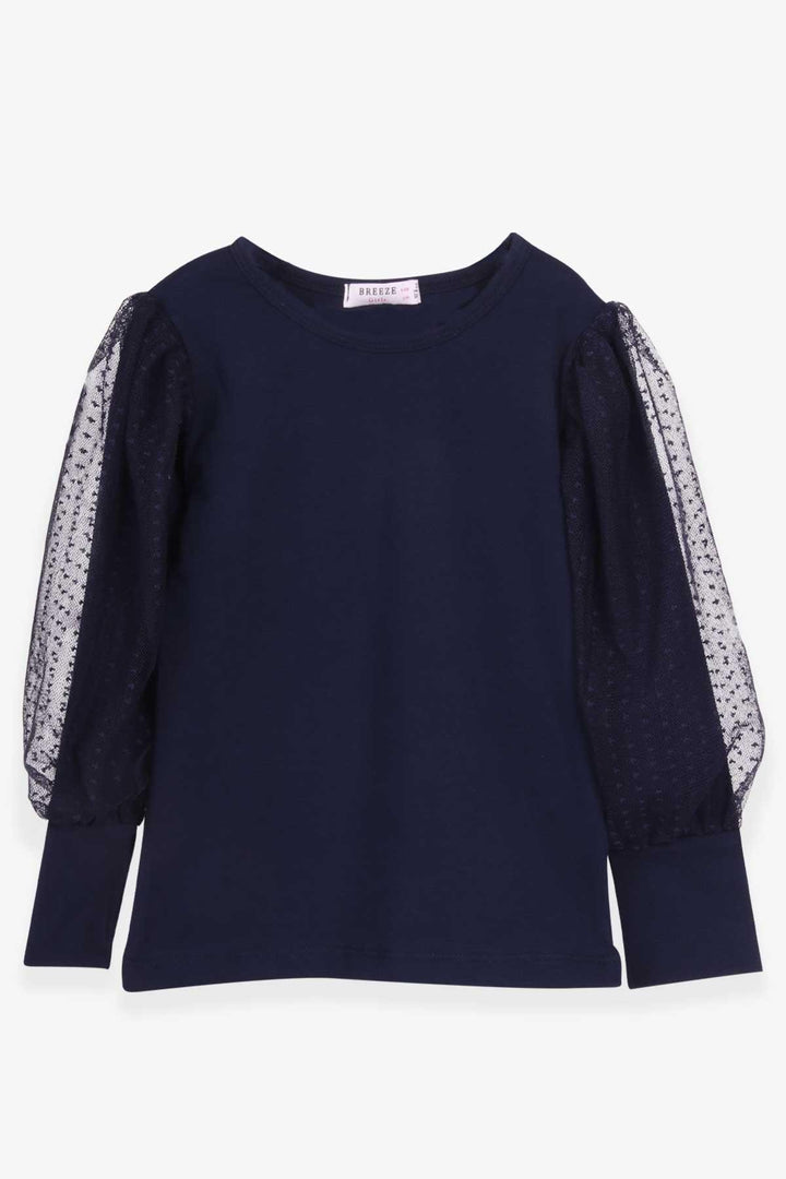BRE Breeze Girl's Blouse with Tulle Detailed Sleeves, Navy Blue, 3-7 Years - Sammamish