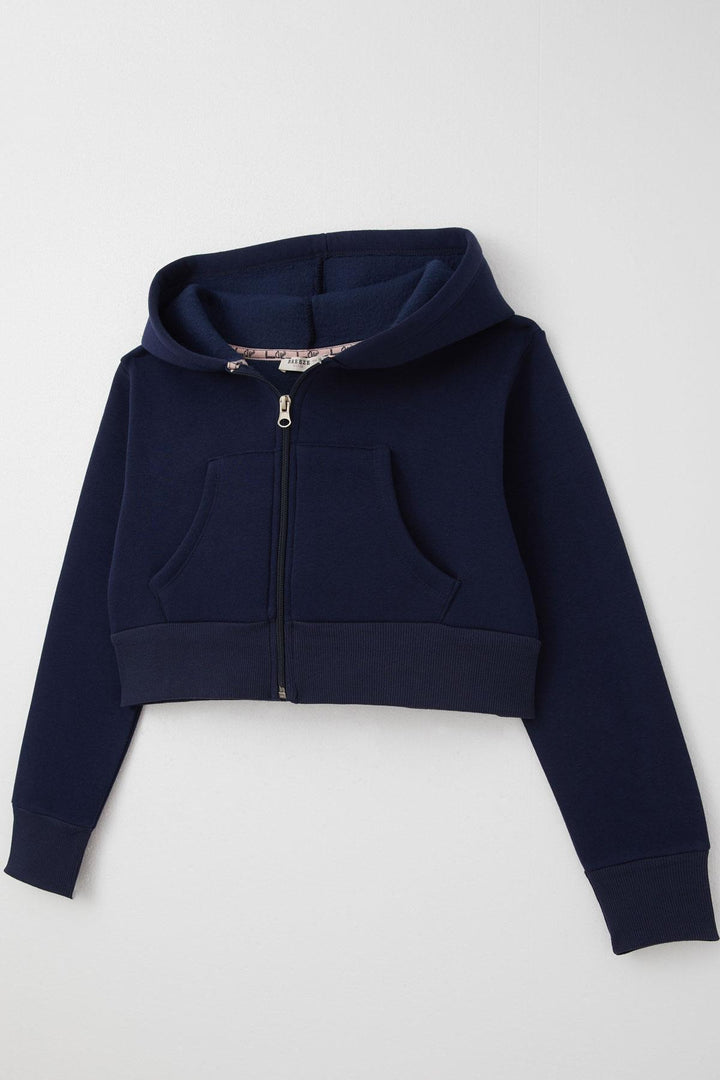 BRE Breeze Girl Child Crop Hoodie with Zipper Hood 84 Years, Navy Blue - Nîmes