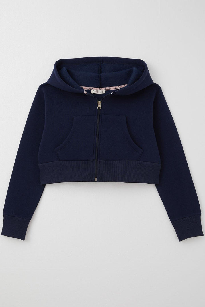 BRE Breeze Girl Child Crop Hoodie with Zipper Hood 84 Years, Navy Blue - Nîmes