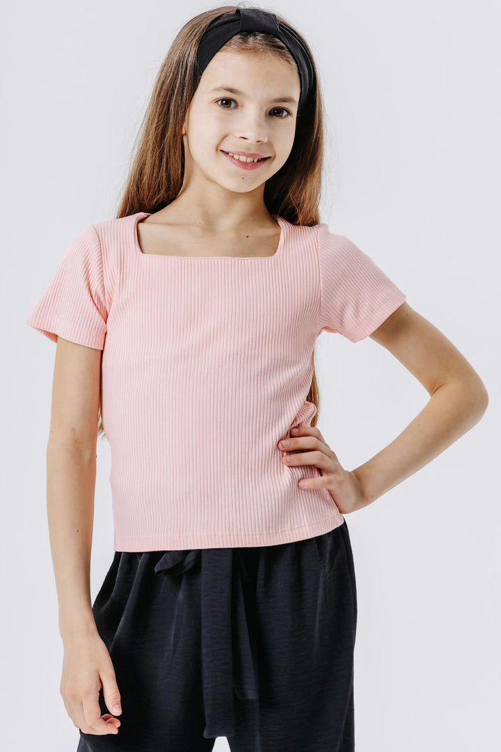 BRE Breeze Girl Child Crop Top Ribbed Square Neck 94 Years, Salmon - The Woodlands