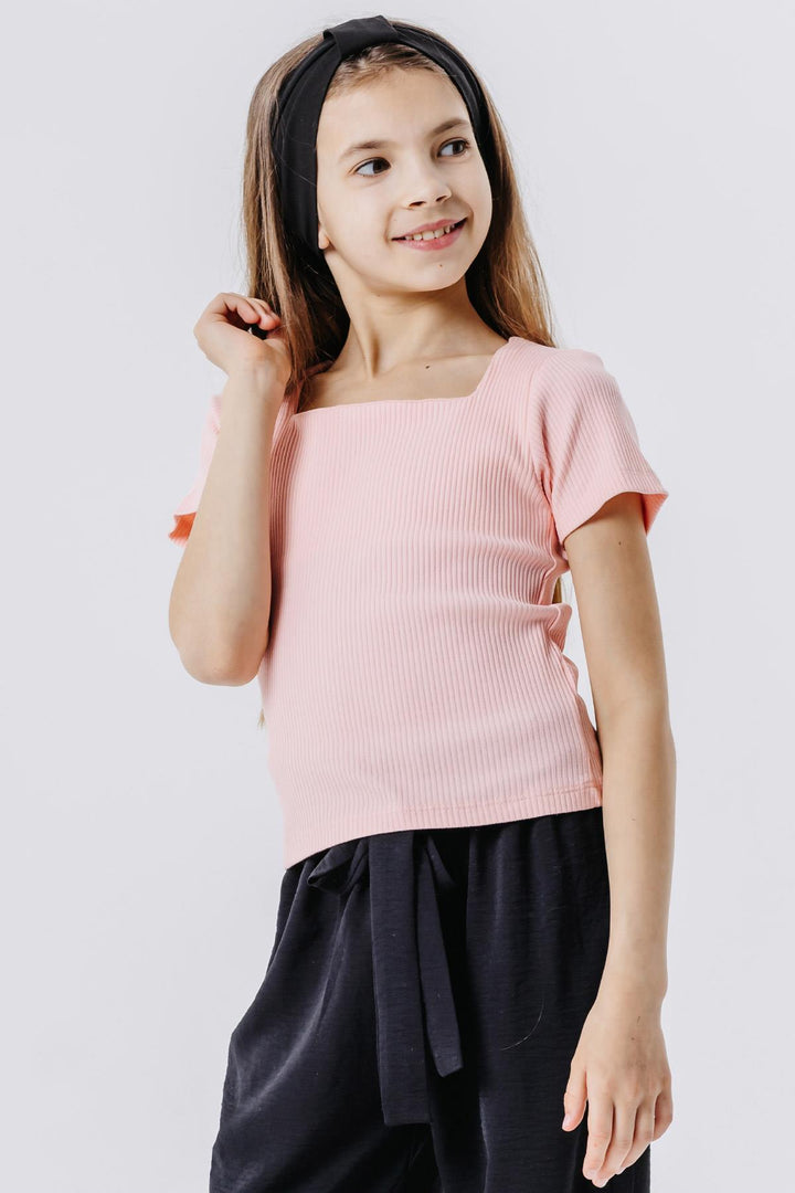 BRE Breeze Girl Child Crop Top Ribbed Square Neck 94 Years, Salmon - The Woodlands