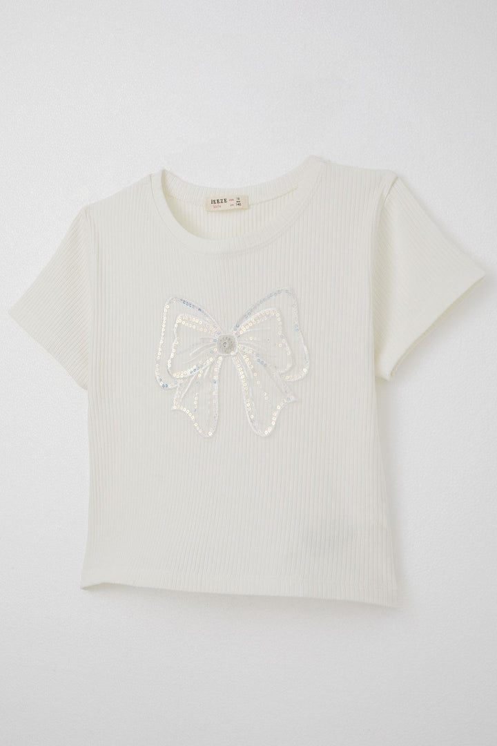 BRE Breeze Girl Child Crop T-Shirt with Bow Emblem Accessory, 94 Years, Ecru - Rheine