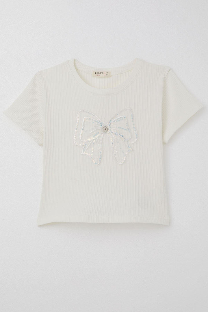 BRE Breeze Girl Child Crop T-Shirt with Bow Emblem Accessory, 94 Years, Ecru - Rheine